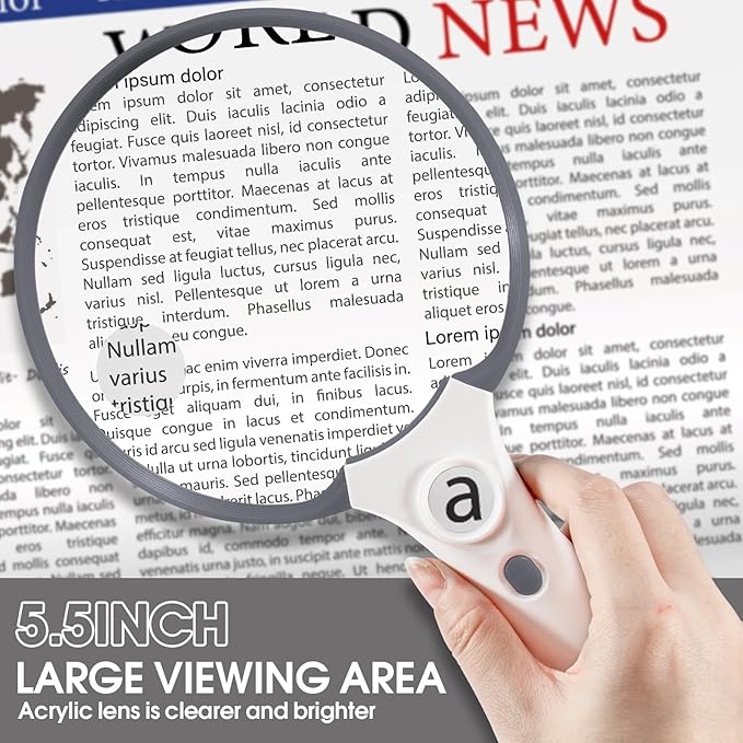 Large Magnifying Glass with Light, Magnifier Handheld Illuminated Lighted Magnifier with 3 LED Lights 1UV Light Storage Bag Clean Cloth for Seniors Reading Inspection (Grey)