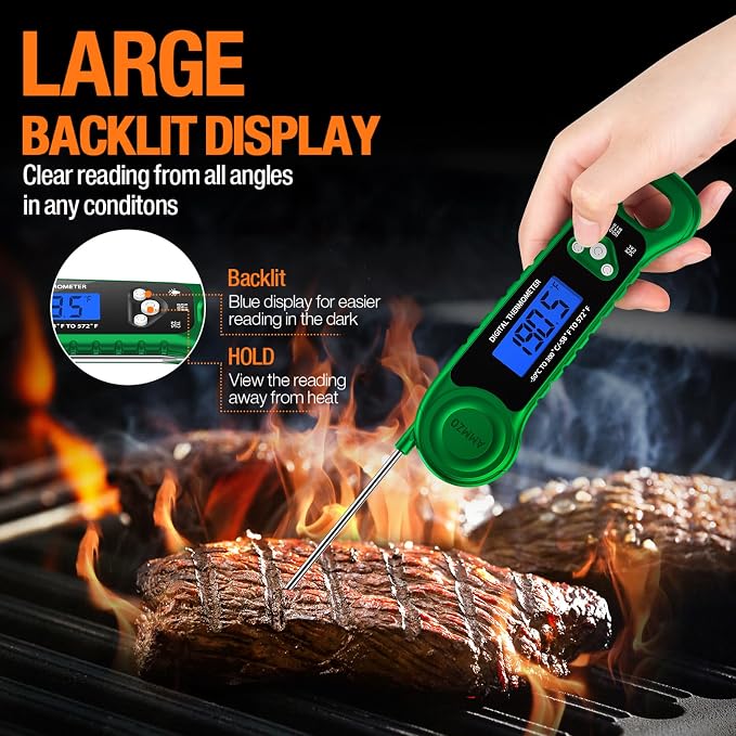 AMMZO Digital Meat Thermometer for Grilling, Candy Thermometer Instant Read Food Thermometer Waterproof with Backlight for Cooking, Deep Fry, BBQ, Grill, Smoker and Roast (Green)