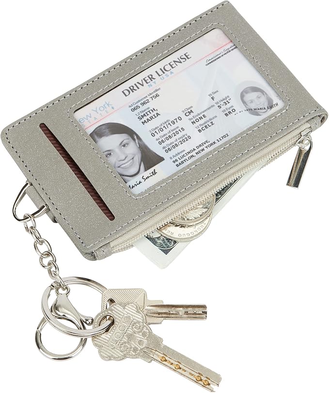 Women & Men Keychain Card Holder Case Zipper Slim Minimalist Front Pocket Wallet with 2 ID Window, Grey
