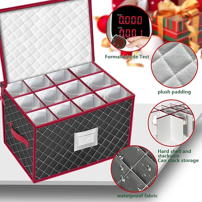 Christmas Stemware Storage Cases with Dividers- Holds 24 Wine Glass Storage or Crystal Glassware Containers, China Storage Containers with 2 Handles and Lable Window -Set of 2 Black