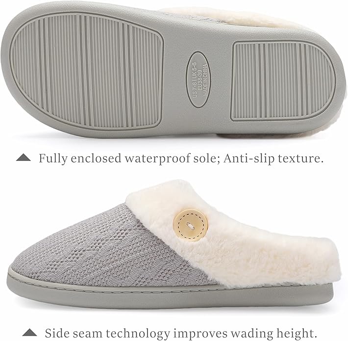 Chantomoo Womens Slipper Warm Comfy Memory Foam House Slippers Knitted Shoes Faux Fur Lined Anti-Skid Rubber Sole Bedroom Cozy Indoor Outdoor Slippers