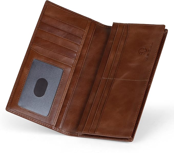 VISOUL Leather Checkbook Cover Wallet for Men with RFID Blocking, Mens Long Bifold Cash Tall Wallet with 11 Credit Card Slots 1 ID Window (Brown)