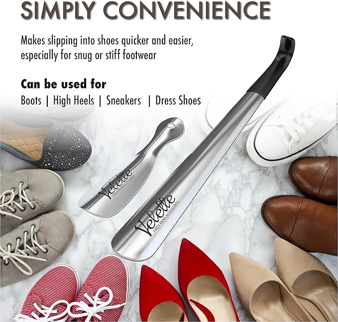 Velette 2 Pack Metal Shoe Horn Long Handle for Seniors - 16.5" Extra Long Shoe Horn for Seniors, 7.5" Travel Shoes Horns for Men, Women, and Kids - Shoehorn Long-Handle, Shoes Spoon, Gifts for Elders