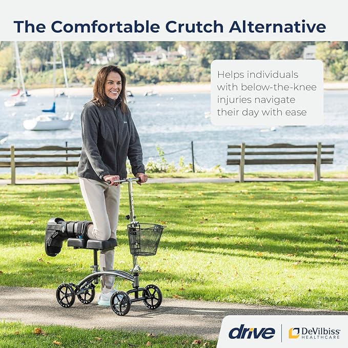 Drive Medical 796 Adjustable Height Steerable Knee Walker Knee Scooter Leg Walker Crutch Alternative, Dual Pad with Basket and Hand Brake 350 Pound Weight Cap