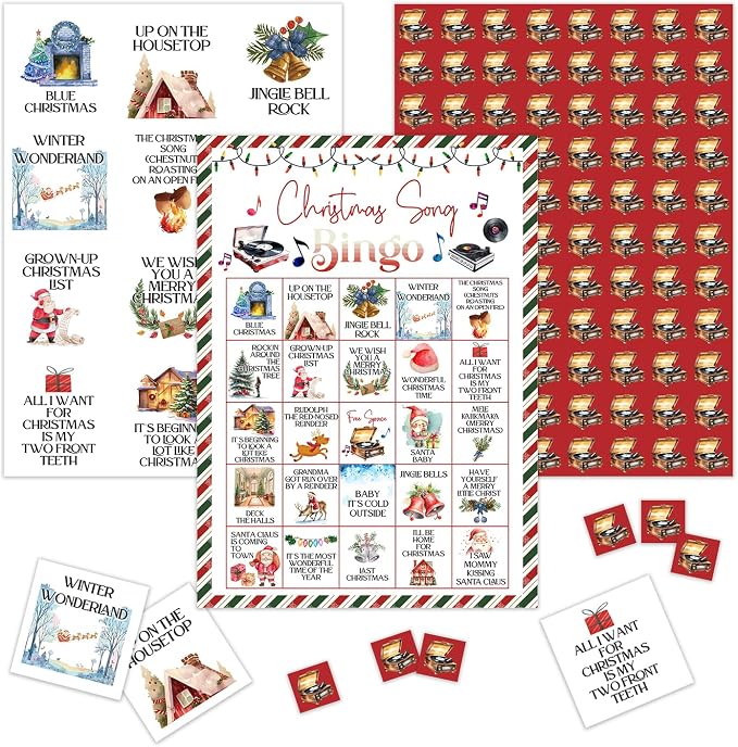 Christmas Song Bingo Game - Winter Bingo Card - 24 Players Bingo Game Set Indoor Outdoor Activities - Christmas, New Year Party Favors Supplies -A13