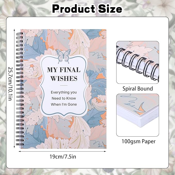 Thboxes My Final Wishes Planner, End of Life Estate Organiser Book, Leaves | Spiral Bound Notebook, 7.4 x 10.1 In, Possessions And Affairs Pages, When I Am Gone Notes, for Adults, Seniors, Families