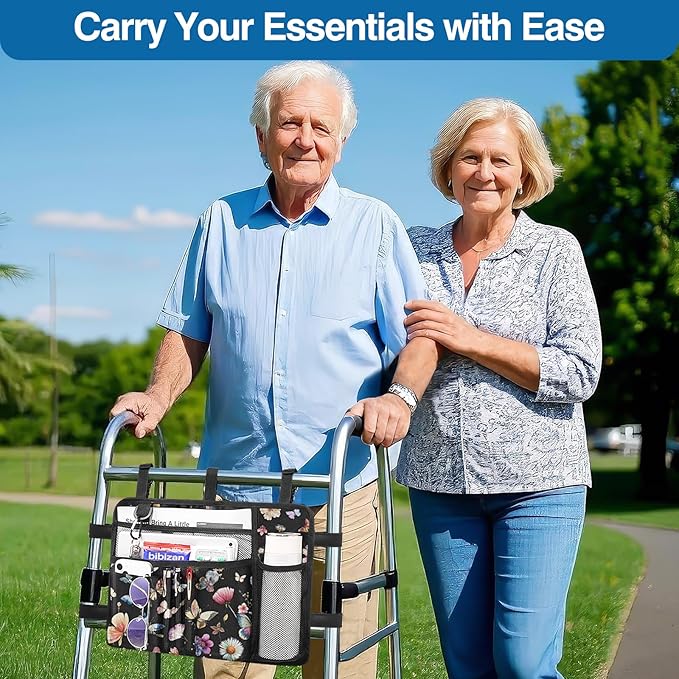 MoKo Walker Bag, Walker Basket with Water Cup Holder, Accessories for Seniors with Multiple Pockets and Zippered Compartment, Storage Pouch for Rolling Folding Walkerm, Black & Butterfly