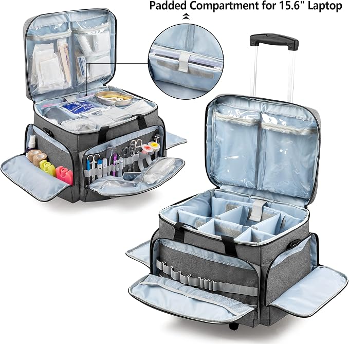Trunab Rolling Medical Bag with Detachable Trolley, Nurse Responder Case | 15.6" laptop sleeve, Removable Dividers, Empty Bag for EMT/EMS/Doctors/Nurses