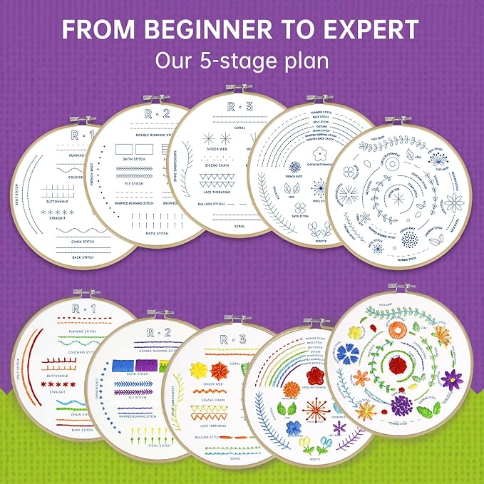CYANFOUR 5 Stage Starter Embroidery Kit for Beginners Adults and Teens, Easy to Learn 33 Different Stitches from Video & Instruction, Needlepoint Kits for Adults