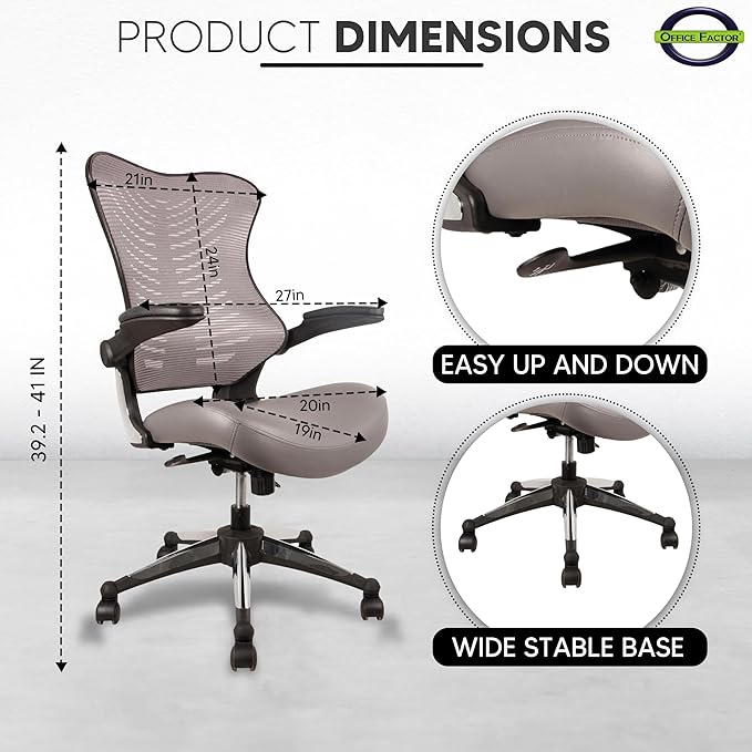 OfficeFactor Executive Ergonomic Computer Office Chair Back Mesh Bonded Leather Seat Flip-up Arms Lumbar Support Molded Foam Seat Adjustable Height Home Office Desk Chair (Grey)