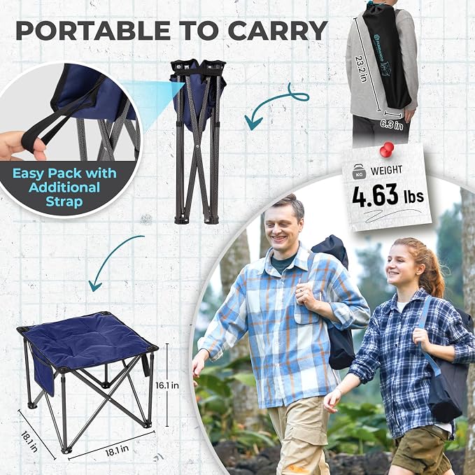 FUNDANGO Oversized Camping Stool for Adults,Thick Padded 18.1 Inch Folding Ottoman Foot Rest, 440 Lbs Heavy Duty Outdoor Camp Chairs with Anti-Slip Foots & Carry Bag for Fishing Travel (Blue)