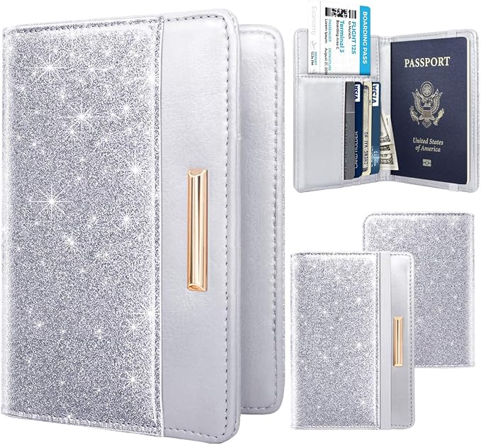 Coco Rossi Passport Holder for Travel Women Slim RFID Passport Cover Wallet | Travel Essentials, Passport Book Holders, Passport Wallet Cover Case, PU Leather, Cute, Thin, Spliced Design, Glitter Silvery