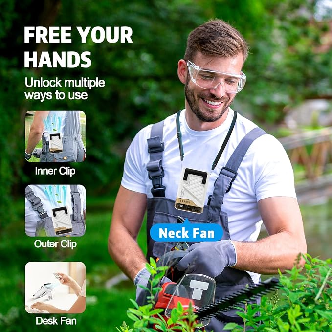 Portable Waist Fan, USB C Powerful Rechargeable Handheld Operation Cooling Shirt Fan LED Display Personal Clip On Wearable Neck Straps Fans with Lanyard Outdoor Working Sports Camping Travel