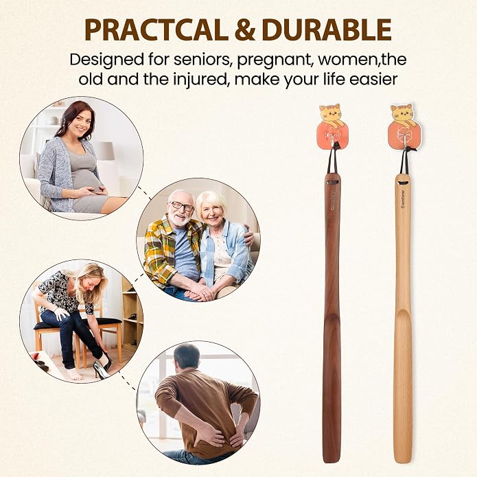 Shoe Horn Long Handle for Seniors 19.7" Shoehorn for Men, Women, Kids, Pregnancy, with Wall Hooks - Black Walnut