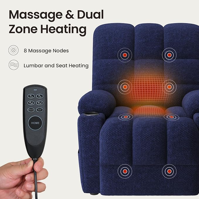 COLAMY Dual Motor Power Lift Recliner Chair for Elderly, Heavy Duty Bariatric Stand Up Assist Sofa with Independent Back & Footrest, Zero Gravity, Massage Heat & Breathable Fabric,Blue