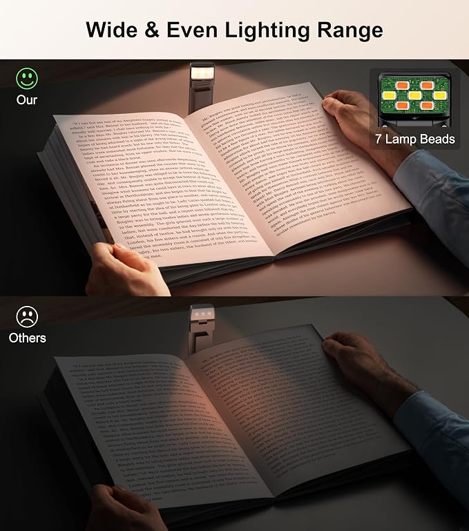 Gritin Book Light Rechargeable, Clip on LED Reading Light for Books in Bed | Eye Caring 3-Color & 5-Brightness, Stepless Dimming, Long Lasting, Compact Size Flexible Book Lamp for Bookworms-Black