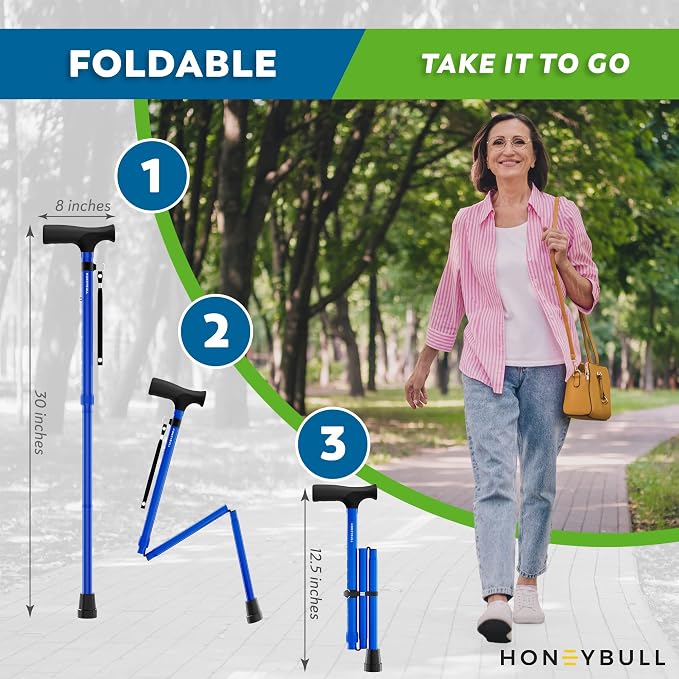 HoneyBull Walking Cane | Single Tip Canes for Men & Women, Foldable, Adjustable, Heavy Duty Up to 250 Pounds, Walking Canes for Seniors