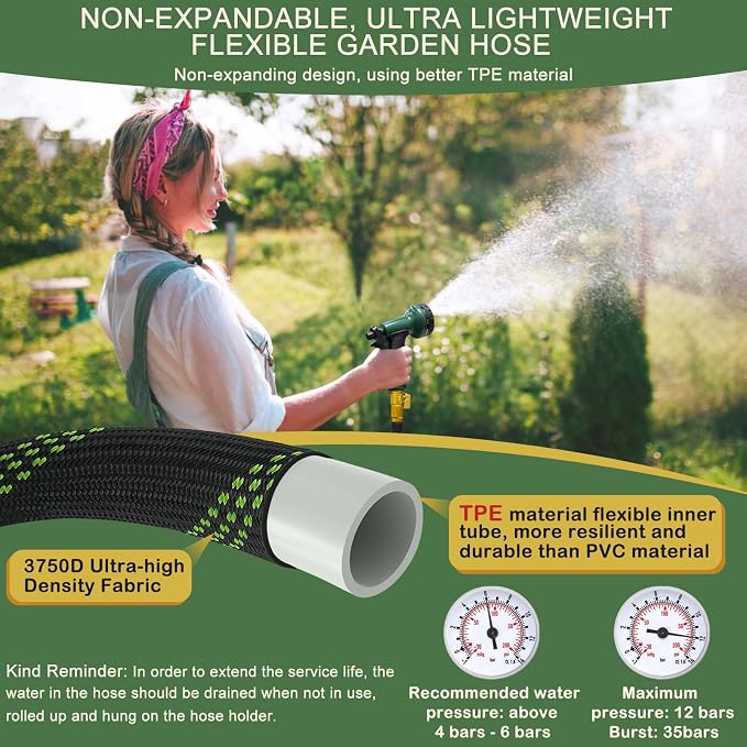 Garden Hose 50 ft, Non-Expandable Flexible Water Hose with 10 Function Spray Nozzle, Lightweight, Leak Proof, Kink-Free, Portable Hose for Outdoor, Yard, Lawn, High-Density Fabric, Black Green
