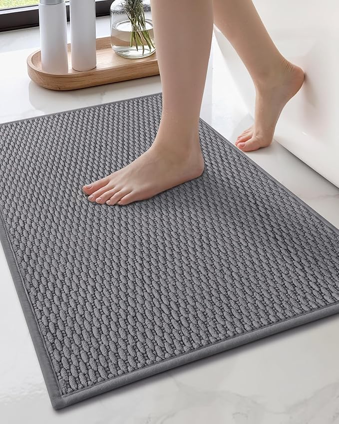 Color&Geometry Bathroom Rugs with Rubber Backing, Non Slip Machine Washable Bath Mat, Soft Absorbent Chenille Boho Carpet for Bathroom Floor, Tub and Shower,17"x29", Dark Grey