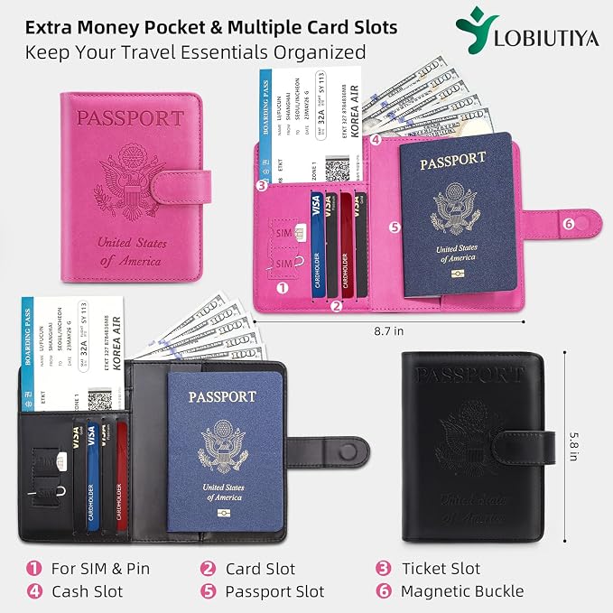2 Pack Passport Holder For Travel with Slot for AirTag & Luggage Tag Cover – RFID Blocking Passport Holder for Travel Women/Men | PU Leather Passport Case with Pocket, Black/Pink