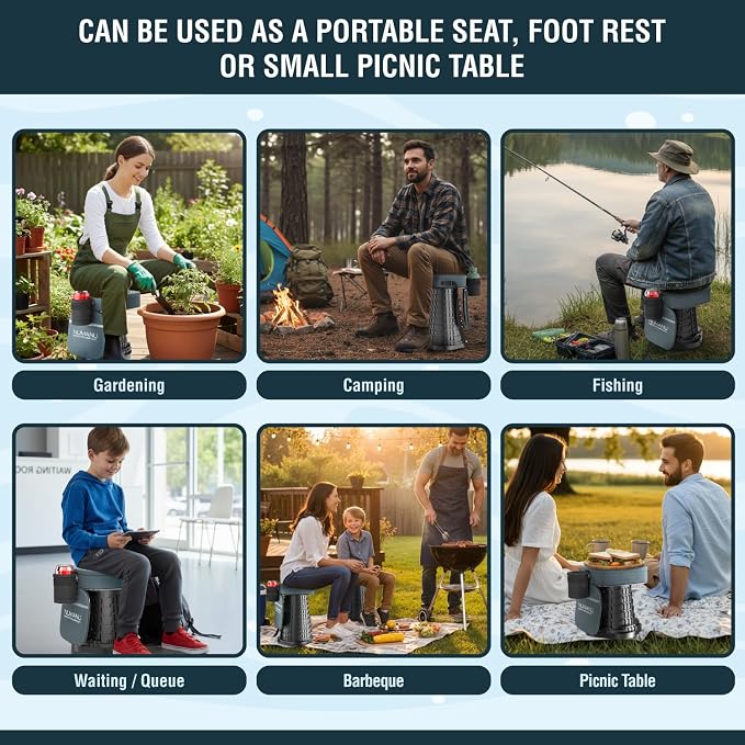 XXL Collapsible Stool, 3-in-1 Cushion + Bag, 1000 lbs, Square | Heavy-Duty Big & Tall Stool, Telescoping 2.7-19.7in, 3-in-1 Square Cushion Bag + Drink Holder; Travel, Sports, Camping