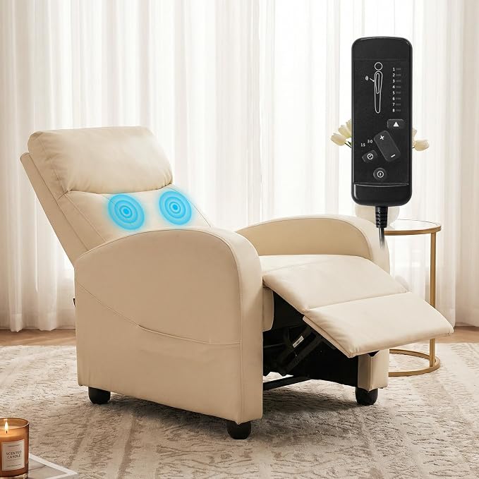 Sweetcrispy Massage Recliner Chair for Adults, Adjustable Home Theater Seating with Lumbar Support for Living Room, Modern Fabric Reclining for Small Space, Beige