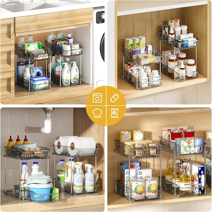 Delamu 2-Tier Under Sink Organizers and Storage, Multi-Purpose Stackable Bathroom Cabinet Organizers, Pull Out Kitchen Pantry Organization and Storage with Dividers(4 Pack, Grey)