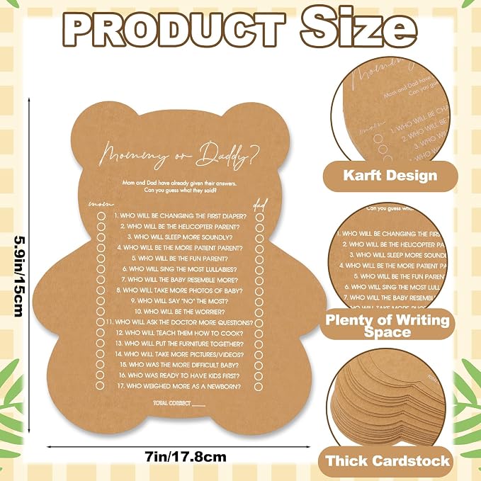 50 Pcs Bear Baby Shower Games Mommy or Daddy Guess Who Game for Girl or Boy Funny Baby Shower Games Fun Gender Neutral Activity Kraft Paper Cards