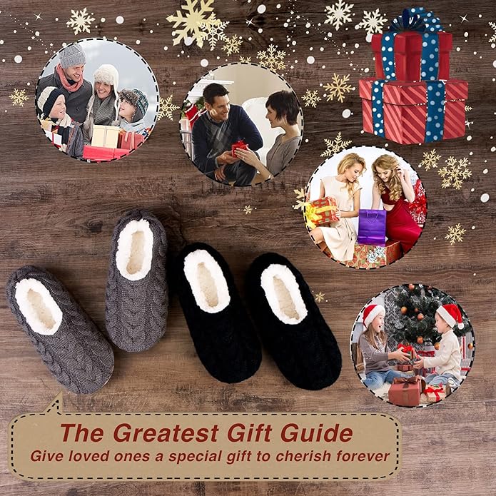 cosyone1997 2-Pair Thick Warm Fuzzy Slippers for Women Indoor Fluffy Sherpa Lined, Winter House Shoe Socks Non-Slip Soft Soles, Cozy Christmas Gifts