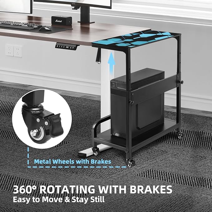 Adjustable Computer Tower Stand Large with Guardrail, 2 Tier Gaming PC Tower Stand for ATX, E-ATX, ITX, Rolling Floor Cart with Locking Metal Wheels, 32.7" X 21.6" X 15.8"