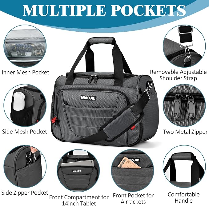 Underseat Carry On luggage Bag Airplanes Personal Item Bags, Gym Bag for Men Weekender Overnight Travel Tote Bag Shoulder Small Softside Carry on Luggage Travel Duffel Bags For Men Women -18 IN Grey