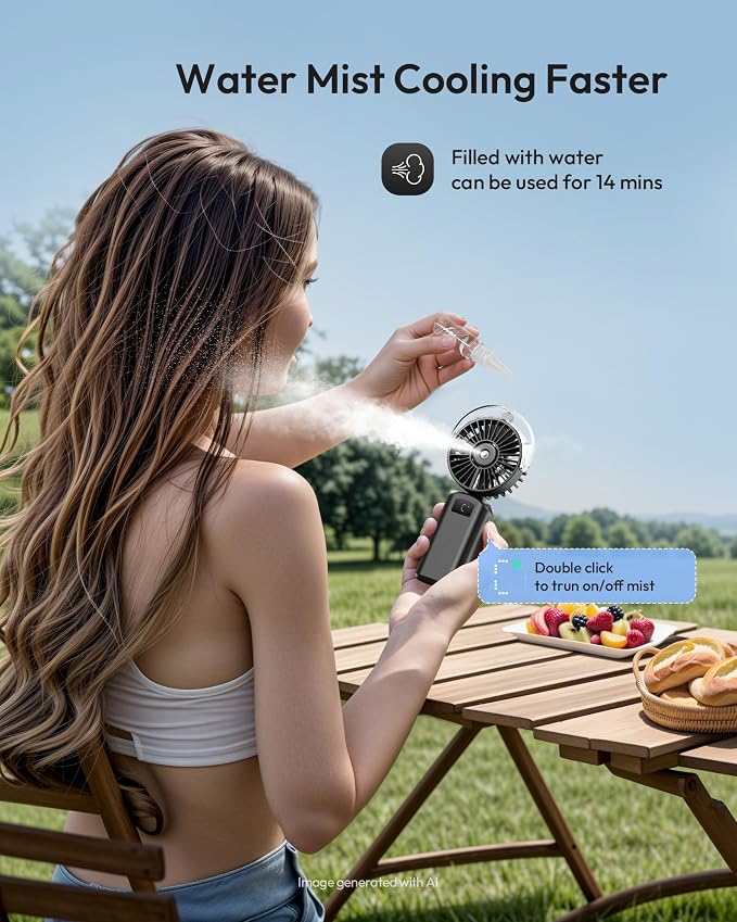 Gaiatop Portable Misting Fan, Rechargeable Handheld Fan with Water Spray | Water Mist Spray, Foldable Design, 3 Speeds, LED Display, USB Rechargeable Fan for Travel, Concerts and Outdoor Use
