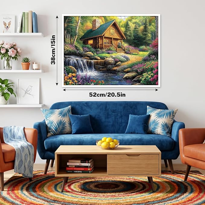 500 Piece Puzzle for Adults – Cozy Cabin Jigsaw Puzzles 500 Pieces, Forest Cottage Landscape with Waterfall & Flowers, Relaxing Adult Puzzles, 20.5 x 15 in