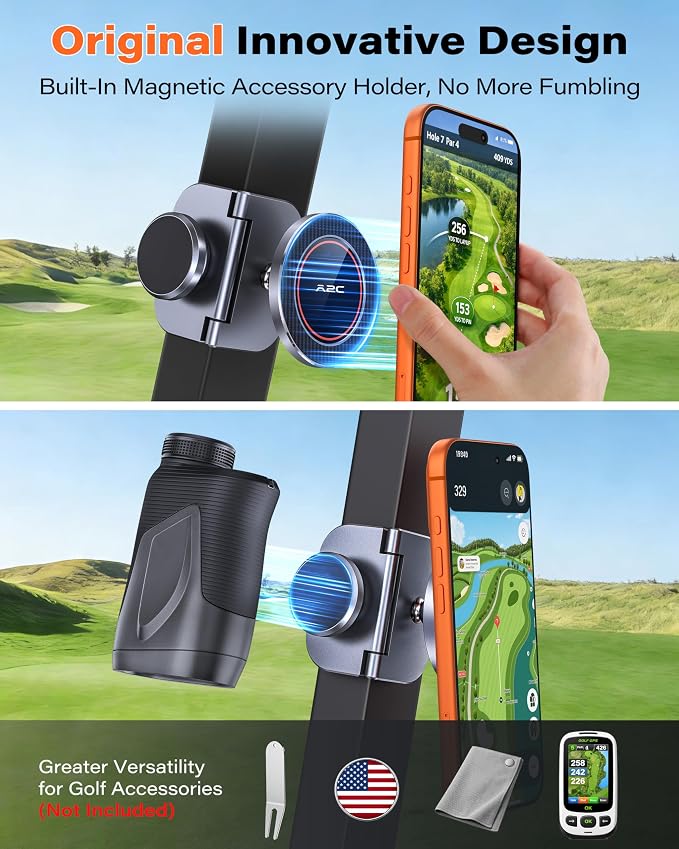 A2C Original Fold-Magnet Golf Cart Phone Holder with Rangefinder Mount, CNC Aircraft-Grade Aluminum Alloy, Premium Fathers Day Golf Gifts for Men Dad Him Women, Golf Accessories Essentials Gadgets