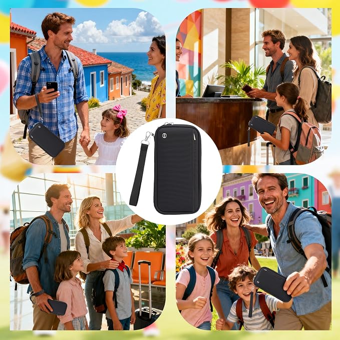WALNEW Passport Holder Travel Family for 12, RFID Blocking Passport Wallet | Travel Documents Organizer with Zipper, for Cards, Cash, Boarding Passes, Tickets, International Travel Essentials