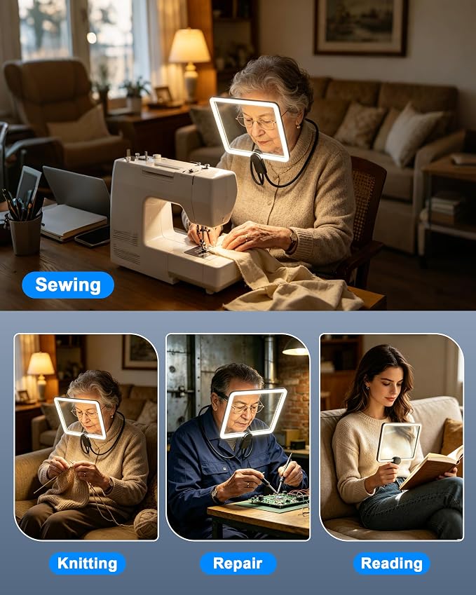 Neck Magnifying Glass with Light Hands Free,Full Book Page Magnifiers Glass | 10X Large Lighted Magnifying Glass with 3 Modes, Flexible Gooseneck Magnifier for Close Reading Sewing Senior with Aging Eyes