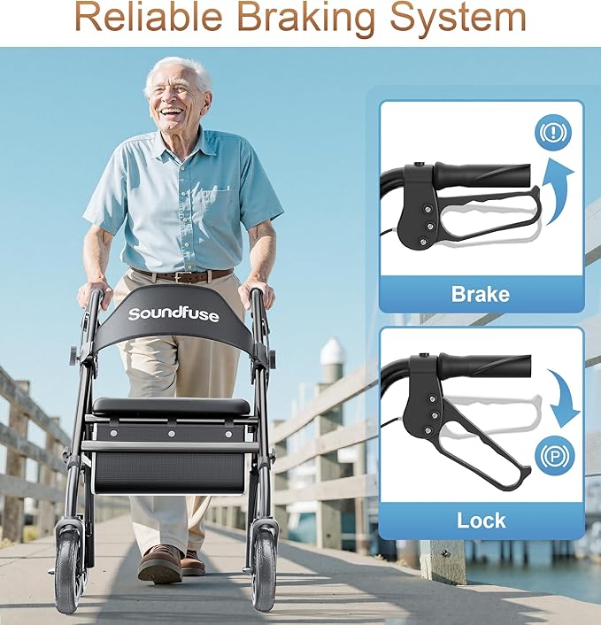 Rollator Walkers for Seniors with Seat, Foldable Lightweight Rolling Walker with 8" Big PU Wheels, Ergonomic Seat, Dual Height Adjustment
