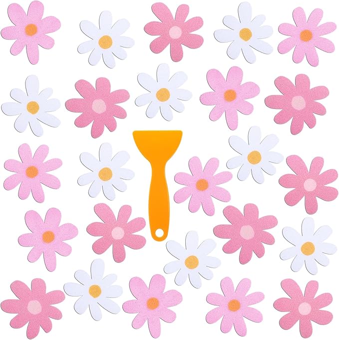 24 Pcs Flower Non Slip Bathtub Sticker Daisy Skidproof Shower Sticker Anti Slip Shower Decals Bathe Treads Adhesive Appliques Scraper Bright Flower Adhesive Decal for Bathroom Decor(Pink)