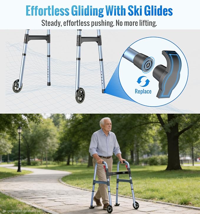 HOMLAND Standard Walkers for Seniors, 6.5lb Lightweight Foldable Walker | One-Hand Folding, 8 Height Adjustments, 350lb Capacity, Easy to Assemble, 2 Skis, 5" Wheels, Aluminum Frame, Ocean Blue