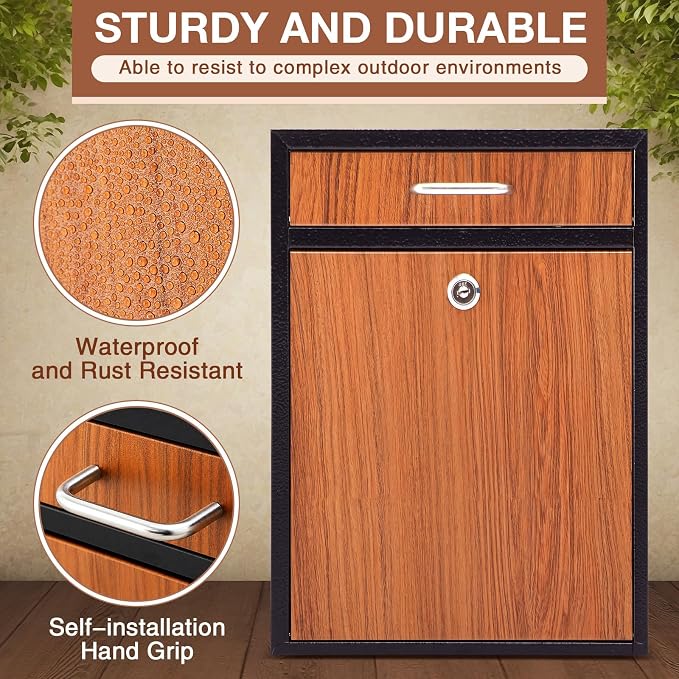 Yaocom Locking Mailbox with Key for Outdoor 16.2 x 11.2 x 4.7 Inches Large Wall Mount Mail Box with Lock Security Mail Drop Metal Collection Boxes Hanging Secure Postbox(Wooden)