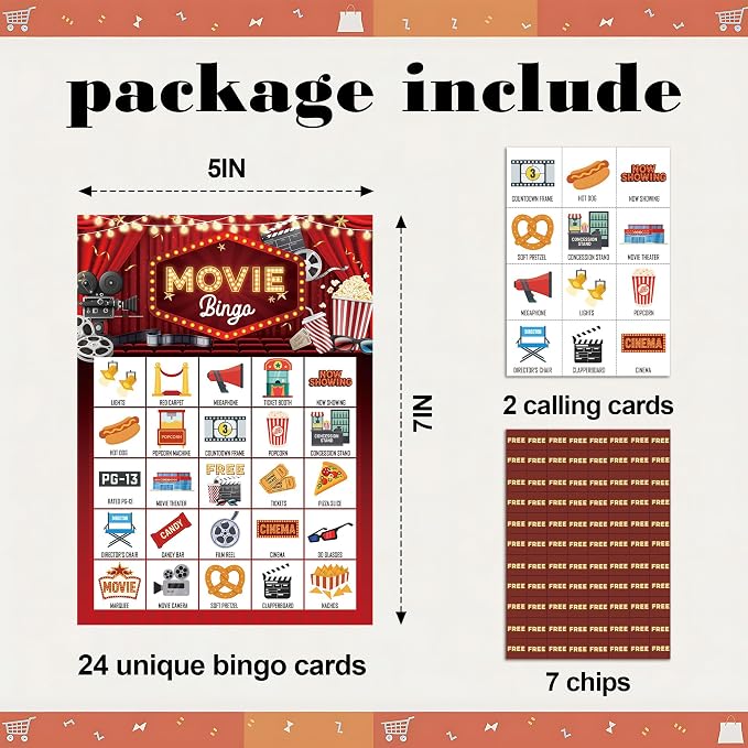 Movie Bingo Game Cards, Cinema Bingo Set for Adults Large Group, Retro Themed Fun Games, Movie Night Party Activities, Icebreaker Games for Family Friends -21