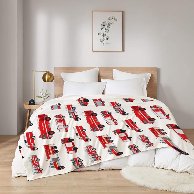 Fire Truck Blanket Gifts for Truck Lover 60 x 50 Inch for Teen,Red Truck Fannel Fleece Throw Blanket Super Soft Throws Blanket for Bed Couch Sofa