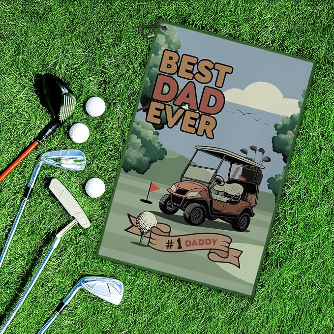 DYJYBMY Best Dad Ever Golf Towel with Clip, Funny Father's Day Printed Golf Towel, Retro Golfing Accessory for Men, Father's Day Golfing Gifts, Birthday Retirement Gifts for Grandpa Uncle Husband Dad