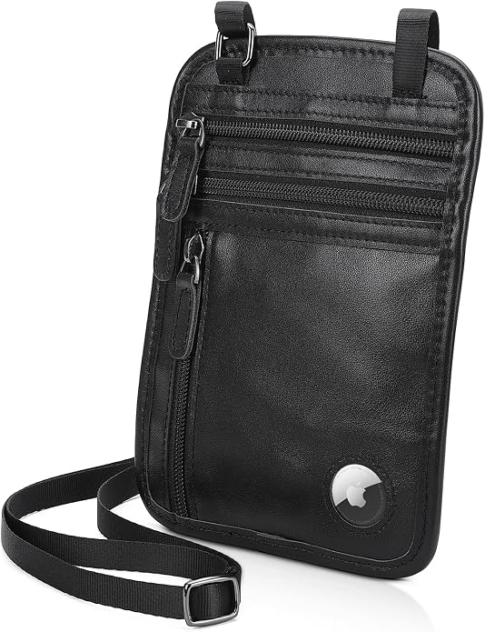 Polare Full Grain Leather Neck Wallet RFID Blocking Conceal Passport Holder Travel Pouch with AirTag Slot for Men