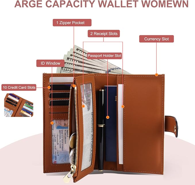 yiijay Women's Wallets RFID Blocking Leather Trifold Clutch Wallet Credit Card Holder Ladies Travel Wallet Purse with Passport/Pen Holder