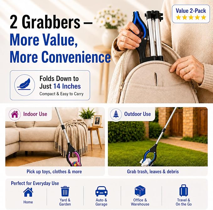 36" Grabber Reacher Tool, 2-Pack Long Reacher Grabber Pickup Tool with 4" Wide Anti-Slip Jaw, 360° Rotating Head and Magnetic Tip, Foldable Trash Grabbers for Seniors, Post Surgery Use Heavy Duty