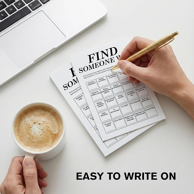 Find Someone Who Bingo Cards, 25 Unique Randomized 5x7 Sheets, Get to Know You Bingo Game for Adults, Ice Breaker Office Party Games, Team Building Games for Work, High Replay Value - A04