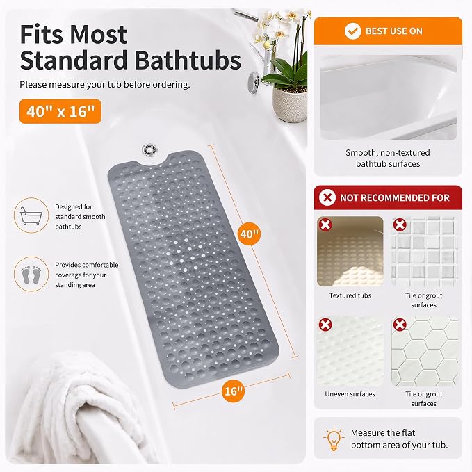 Yimobra Non Slip Bathtub Mat 40 x 16 Inch, Extra Long Shower Mat with Drain Holes, Machine Washable Baby Bath Mats, Strong Suction Cups for Bathroom Floor, Grey