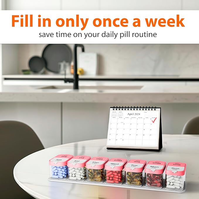 Extra Large Weekly Pill Organizer - XL Vitamin Holder with 7 Detachable AM PM Compartments - Portable Medicine Dispenser for Home and Travel, Big Supplement Container for Weekly or Daily Use, Pink