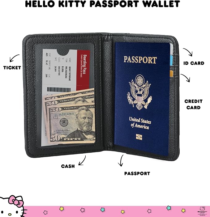 Hello Kitty Passport Holder for Travel Official License, Black Passport | Cover for Women, Sanrio Gifts